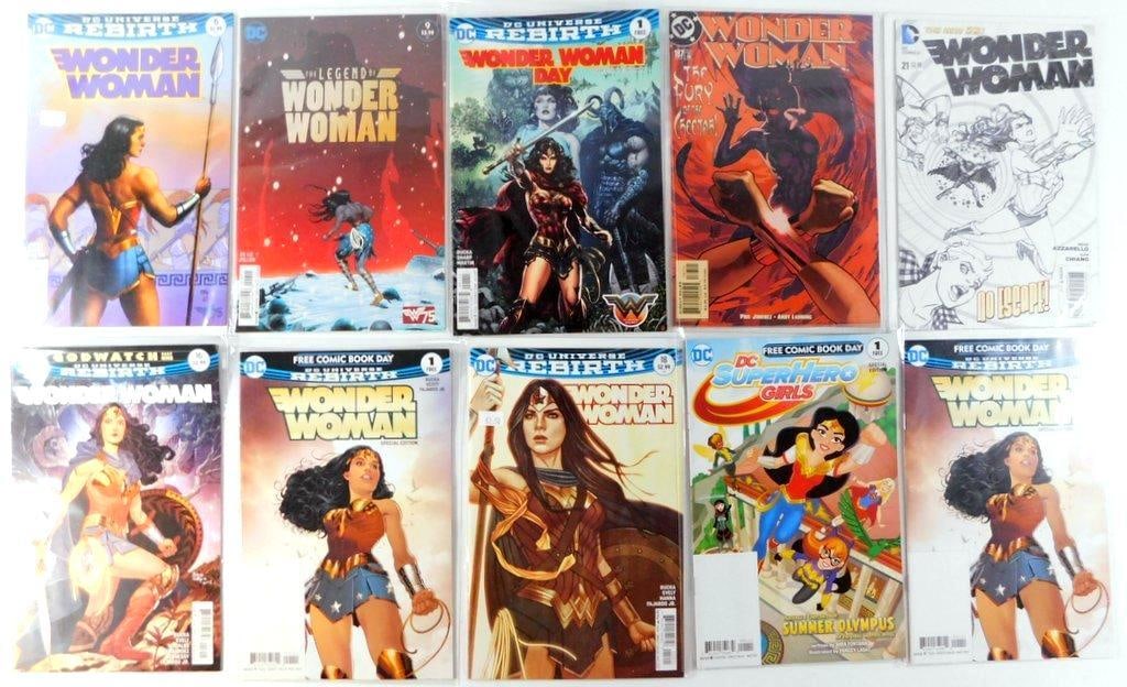 10 Wonder Woman Comics Featuring Key Issues and Special Editions: 10 Wonder Woman comic books including: Wonder Woman (2016) #9 with cover art by Liam Sharp, The Legend of Wonder Woman #9 (final issue of the 2016 miniseries by Renae De Liz), Wonder Woman Day