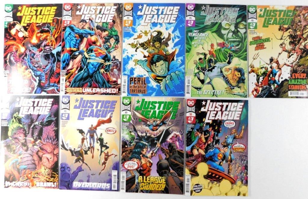 Justice League Comic Book Lot in Protected Sleeves 2018-2020, (9 Issues): Justice League comic book issues #41 through #50, securely stored in protective sleeves since the original purchase Published by DC Comics, the covers feature vibrant artwork showcasing iconic
