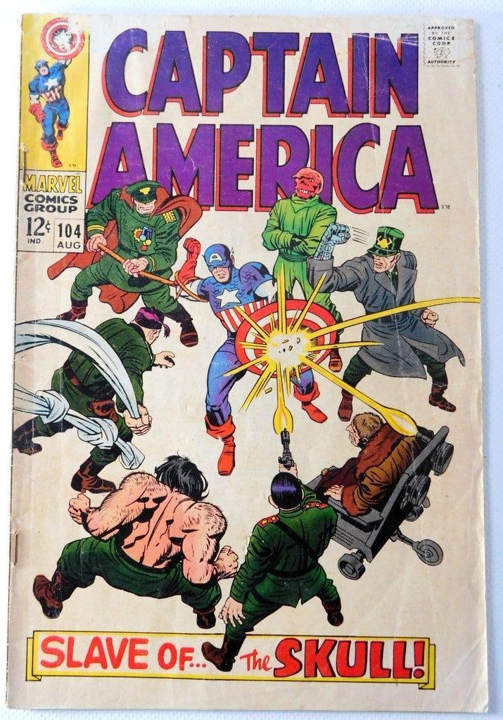 Bundled Sealed 10 Issues with Captain America #104, August 1968, Marvel, Jack Kirby Cover: Captain America #104, a Marvel comic book published in August 1968, featuring cover artwork by Jack Kirby The issue is titled Slave of... the Skull! and includes appearances by the Red Skull and