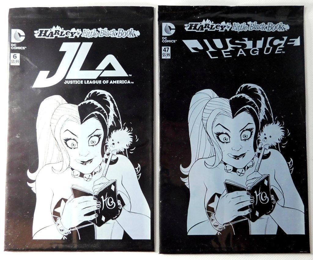 (Lot of 2) Unopened Polybag--Harley Quinn- Harley's Little Black Book JLA #6 and Justice League #47: Harley's Little Black Book JLA #6 and Justice League #47 Comic Books Two comic books featuring DC Comics' Harley Quinn in Harley's Little Black Book crossover covers: JLA #6 and Justice League #47