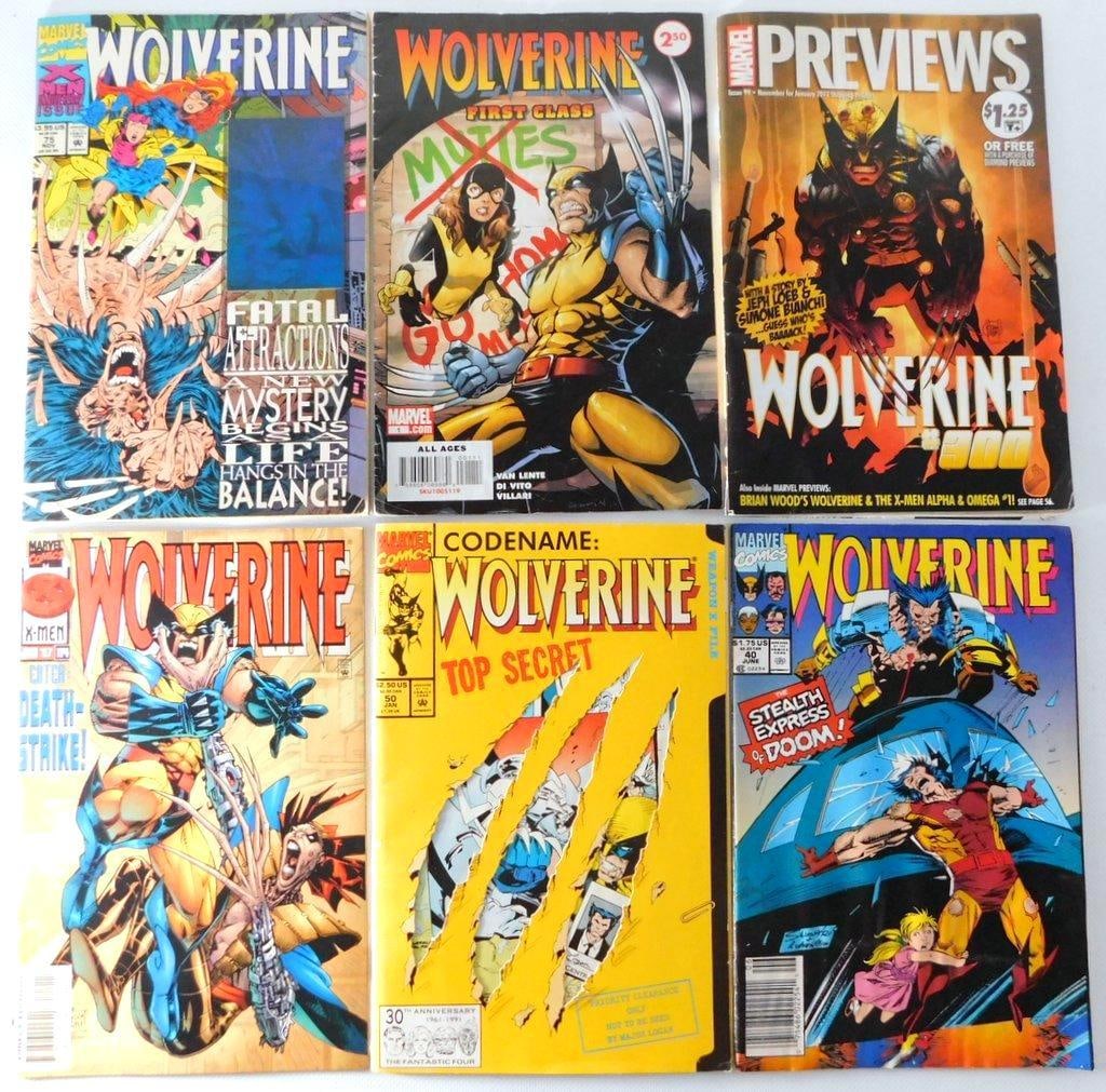 (Lot of 6) Wolverine Assorted Comic Books, Including 1990s Issues and Notable Storylines: Wolverine comic books from Marvel Comics Key items include issue #75 featuring the Fatal Attractions storyline, First Class, Marvel Previews Wolverine #300, Wolverine #17, and Codex: Wolverine #50 The