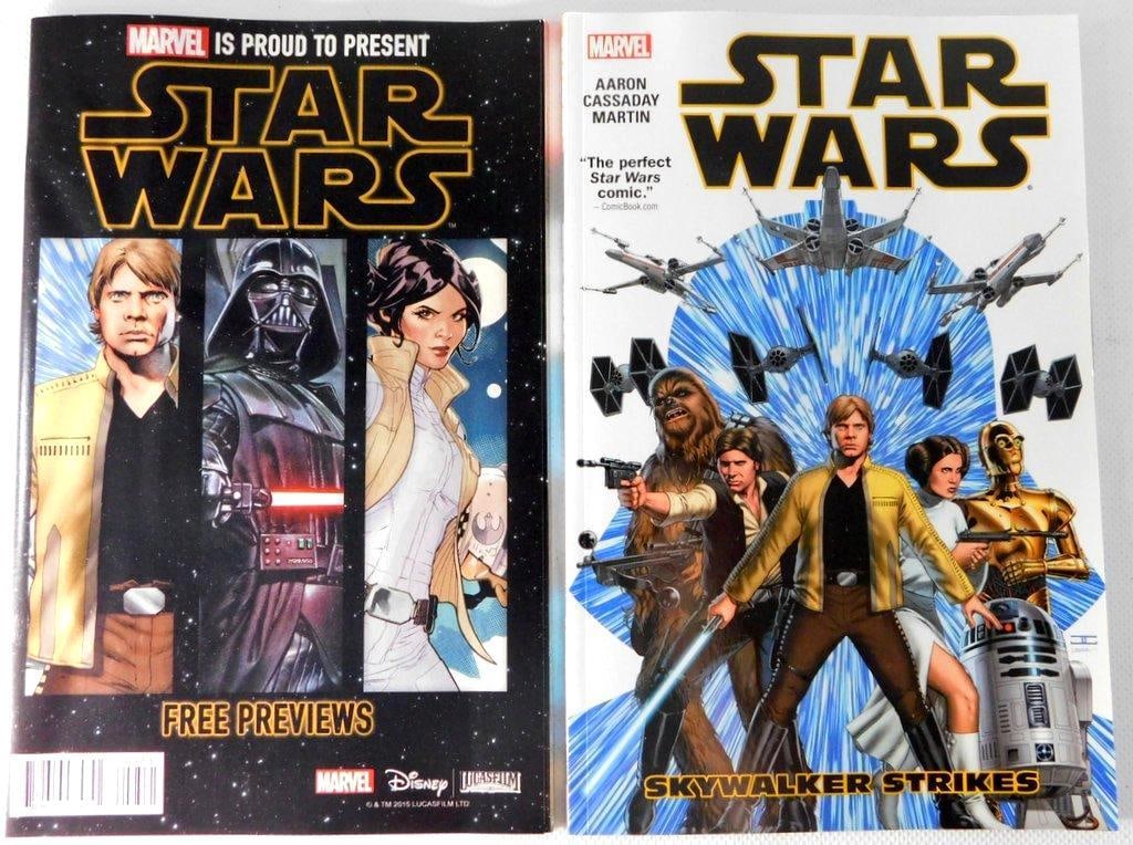 (Lot of 2) Marvel Star Wars (2015) Comic Books by Jason Aaron, Including Skywalker Strikes Volume 1: Two Marvel Star Wars (2015) comics written by Jason Aaron Includes Volume 1: Skywalker Strikes, which collects issues #1-#6, and Free Previews edition showcasing art by John Cassada Published by Marve