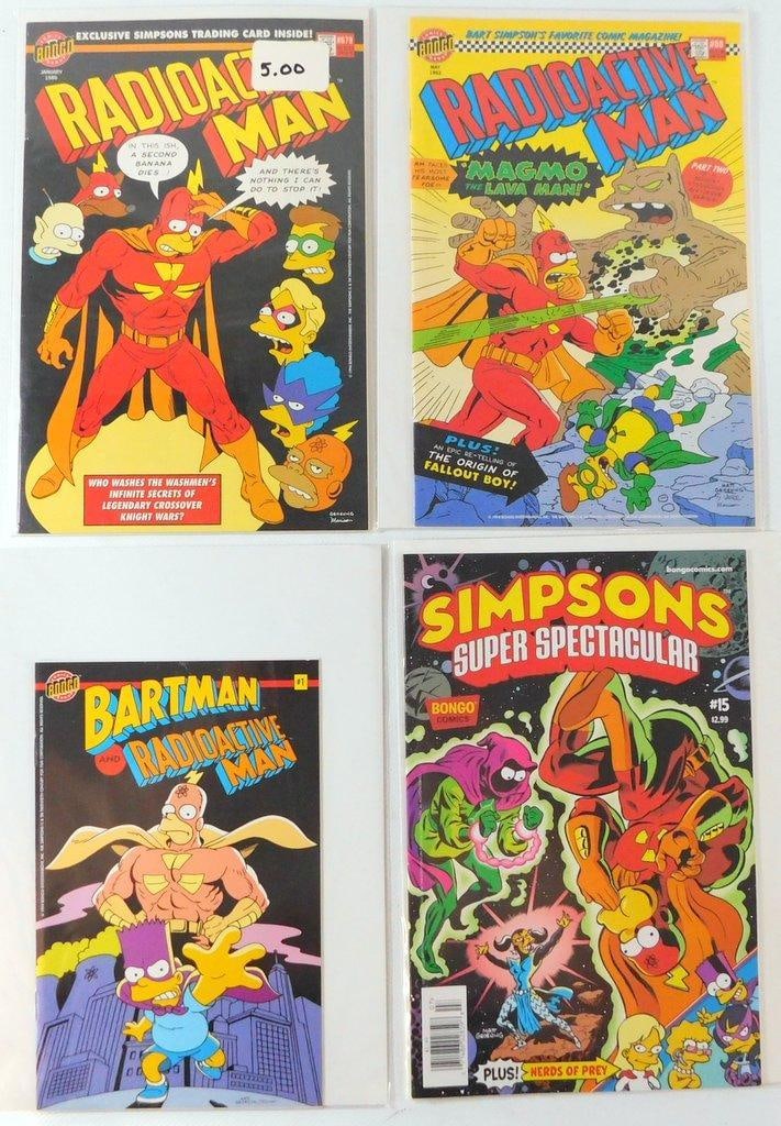 (Lot of 4) Radioactive Man and Simpsons Comics by Bongo Comics: (Lot of 4) Bongo Comics. Includes: Radioactive Man #679 (1994, cover dated Jan 1986), Sealed since pucrhase. (Unsure if trading card is included) Radioactive Man #88 (1994, cover dated May 1962,