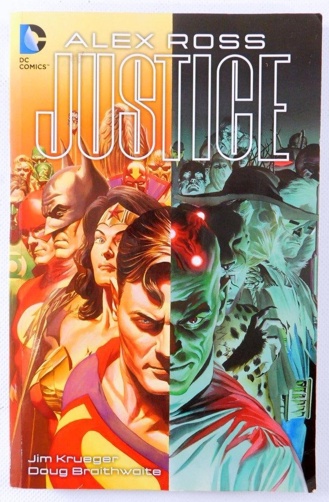 Alex Ross Justice by Jim Krueger and Doug Braithwaite: DC Comics hardcover edition of Justice written by Jim Krueger with artwork by Alex Ross and Doug Braithwaite The book features vibrant illustrations and a storyline involving DC superheroes and