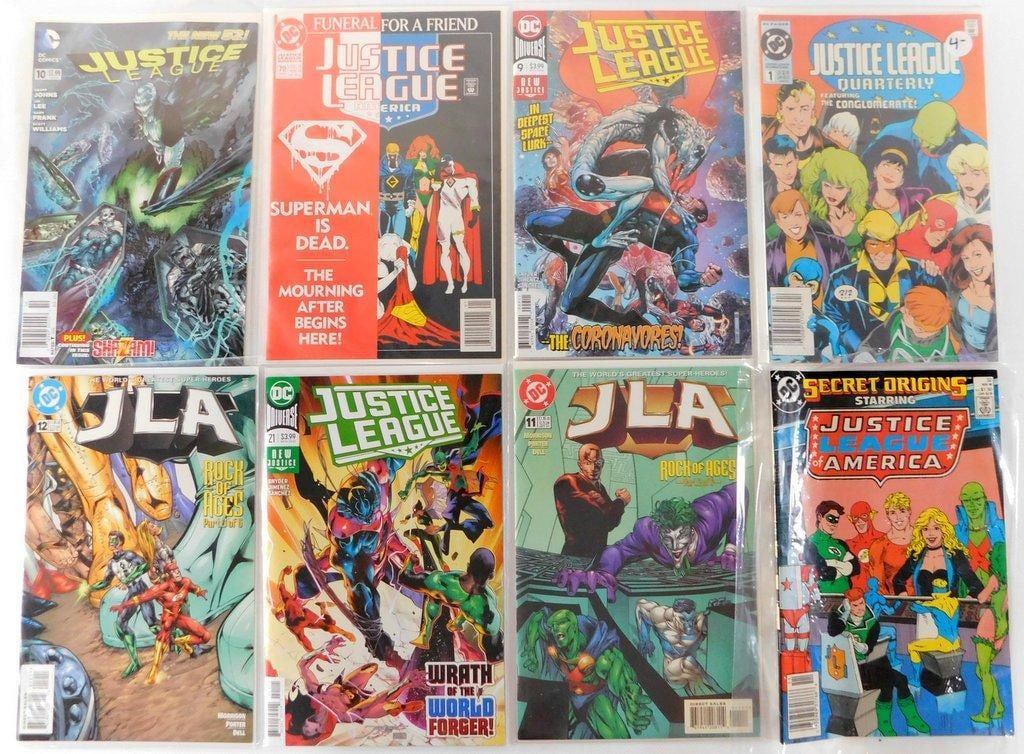 (Lot of 8) Justice League Comic Books, Various Years and Titles: Lot of 8 Justice League comic books includes titles: Justice League #10 (The New 52) (2012), 'Justice League America #79 (Funeral for a Friend) (1993), Justice League #9 (The Co
