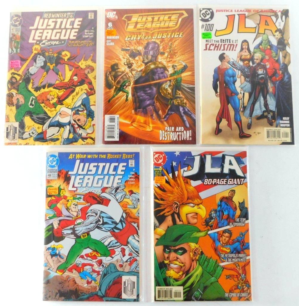 (Lot of 5) Justice League Comic Lot Featuring Justice League Europe and JLA Issues (1993-2010): Lot of 5 featuring: 'Justice League Europe #47' (1993), 'Justice League: Cry for Justice #6' (2010), 'Justice League of America #100' (2004, featuring The Elite), 'Justice