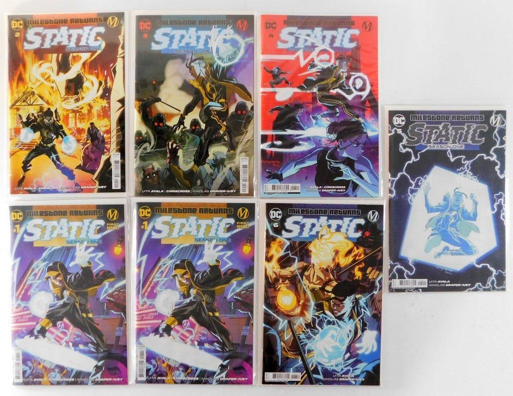 Issue #1: 2021Issue #2: 2021Issue #3: 2021Issue #4: 2021Issue #5: 2022Issue #6: 2022: (Lot of 7) Complete set of Milestone Returns Static Comics featuring Issues #1 through #6 2 copies of Issue #1 The first four issues were released in 2021, while Issues #5 and #6 were published in 202