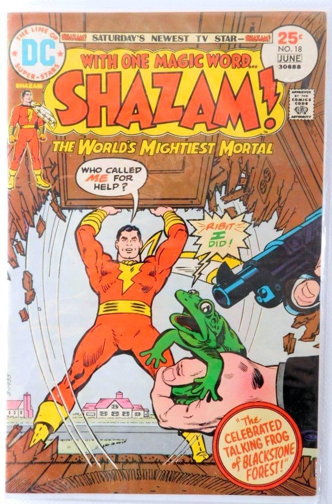 Shazam! #18 (Volume 1), June 1975, Bronze Age DC Comic: Shazam! #18 from Volume 1, a Bronze Age DC comic book published in June 1975 The cover features the story titled The Celebrated Talking Frog of Blackstone Forest, with Captain Marvel protecting a