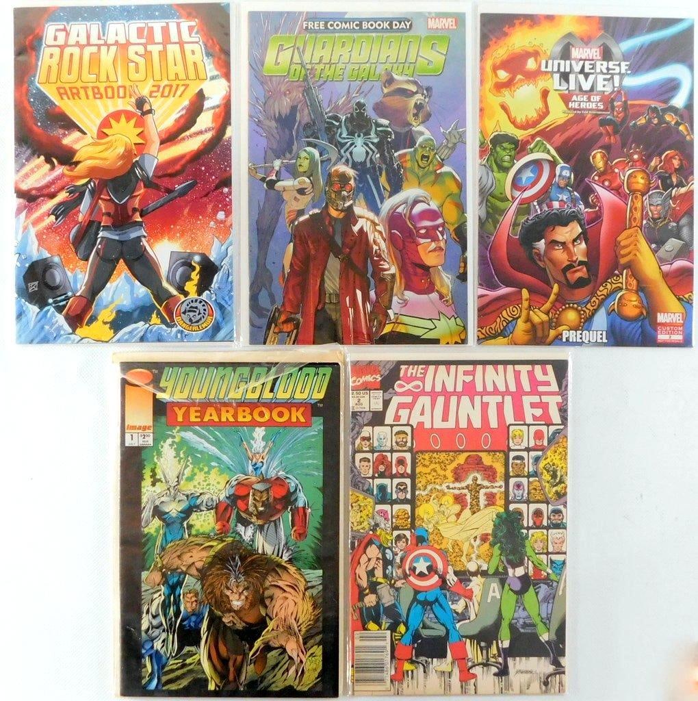 (Lot of 5) Comic Books Including Guardians of the Galaxy and The Infinity Gauntlet (1991-2017): Lot of 5 comic books, including Galactic Rock Star Artbook: 2017, Free Comic Book Day: Guardians of the Galaxy: #1, 2014, Marvel Universe Live! Age of Heroes Prequel: Custom Edition