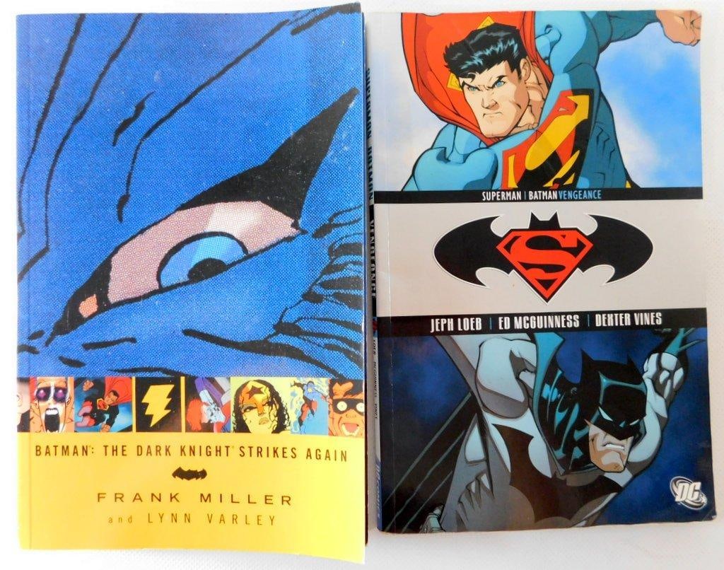 (Lot of 2) DC Comics Trade Paperbacks: Batman by Frank Miller & Superman/Batman by Loeb: Two DC Comics trade paperback graphic novels in excellent condition Batman: The Dark Knight Strikes Again (2002) - written and illustrated by Frank Miller with colors by Lynn Varley, is a three-issue