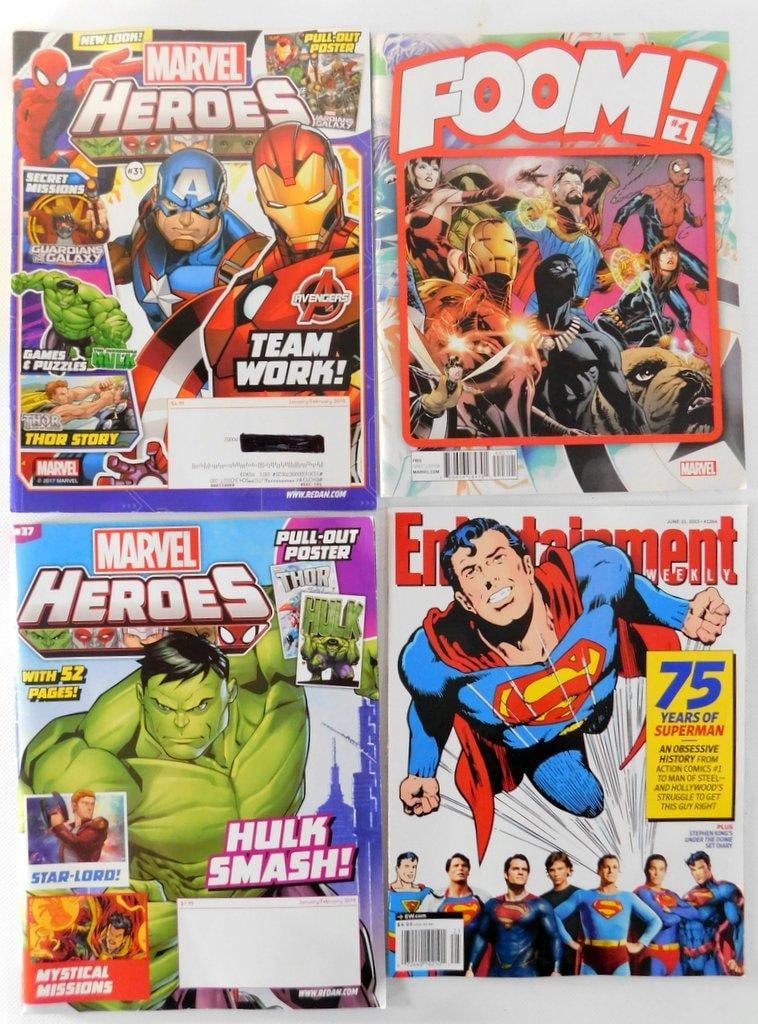 (Lot of 2) Marvel and Superman Magazine Featuring FOOM! #1 & Entertainment Weekly: Lot of 4 youth-oriented and collectible magazines Marvel Heroes #31 (2018), featuring Captain America and Iron Man with a pull-out Guardians of the Galaxy poster FOOM! #1, a modern revival with