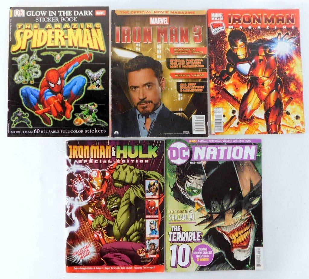 Five Marvel and DC Books, Magazines, and Activity Books: The Amazing Spider-Man Glow in the Dark Sticker Book (over 60 reusable stickers Marvel Iron Man 3: The Official Movie Magazine (2013 promotional tie-in, cover featuring Robert Downey Jr.)