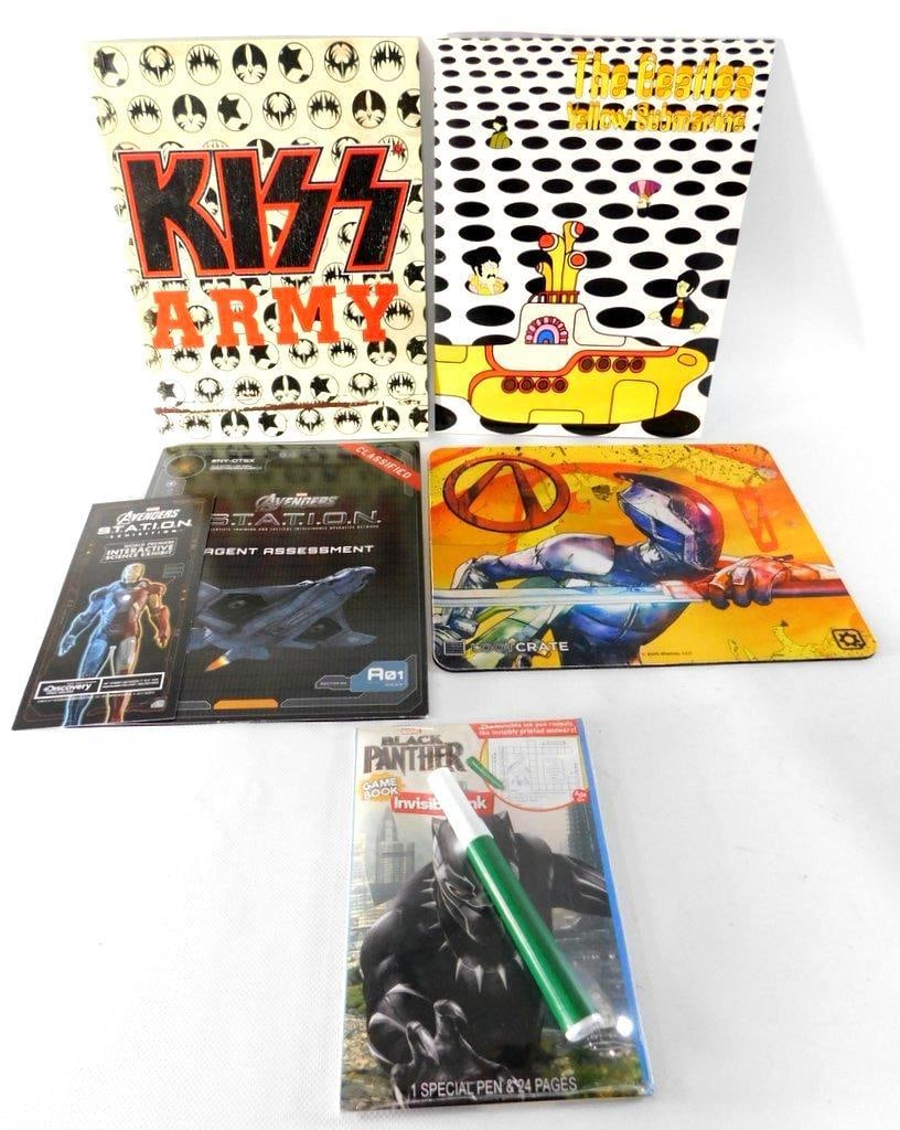 Pop Culture Memorabilia: KISS, Beatles, Marvel, Borderlands: Pop culture memorabilia featuring a KISS Army merchandise catalog insert from 1977 Beatles Yellow Submarine pocket notebook Two Marvel Avengers S.T.A.T.I.O.N. promotional pamphlets Borderlands 2 Zer0 