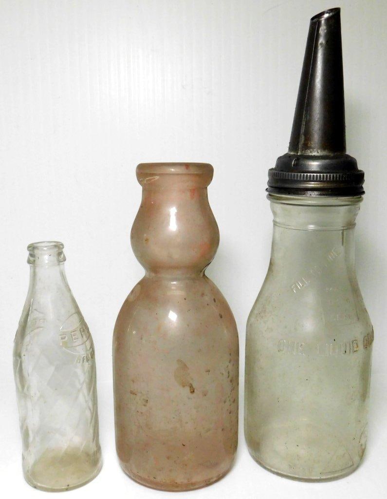 Older Glass Bottles Including Motor Oil w/ Metal Spout, Milk Bottle, and Pepsi Bottle - 2