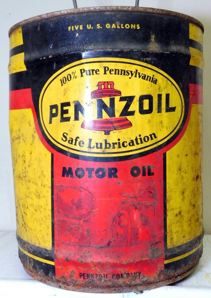 Five-Gallon Pennzoil Metal Motor Oil and Stancan Gasoline Cans, and Black Flag Insect Spray Can - 2