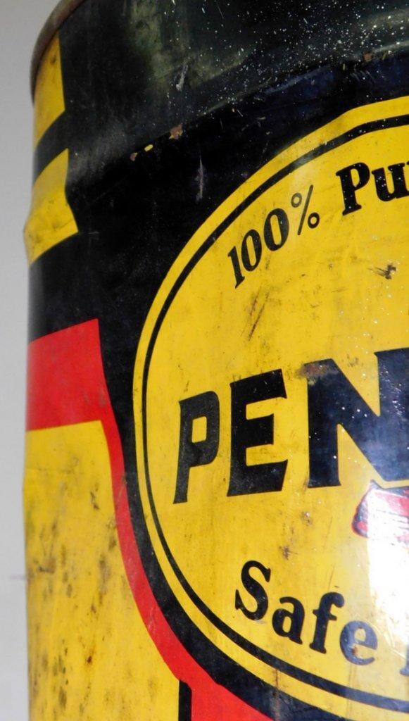 Five-Gallon Pennzoil Metal Motor Oil and Stancan Gasoline Cans, and Black Flag Insect Spray Can - 4