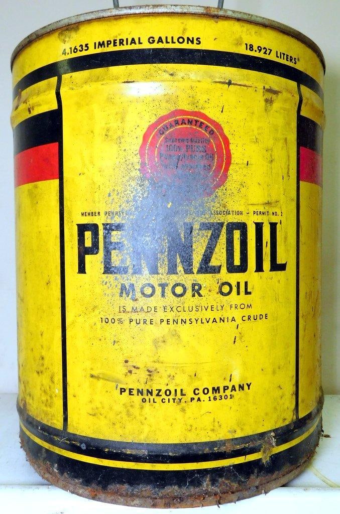 Five-Gallon Pennzoil Metal Motor Oil and Stancan Gasoline Cans, and Black Flag Insect Spray Can - 5