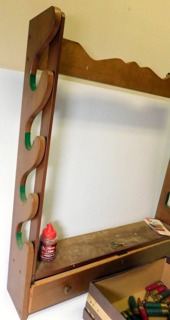 Wooden Gun Rack w/ Keyed Drawer and Ammunition Pieces - 2