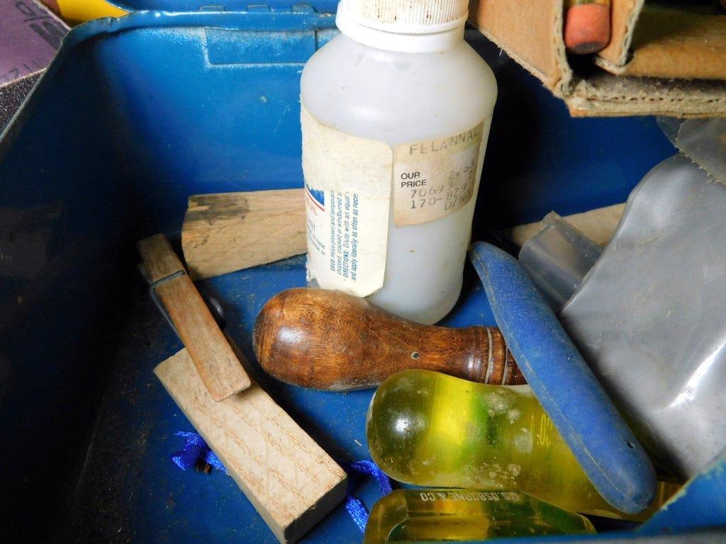 Workshop Tools and Supplies Including Sandpaper, Propane Canister, and Toolbox - 7