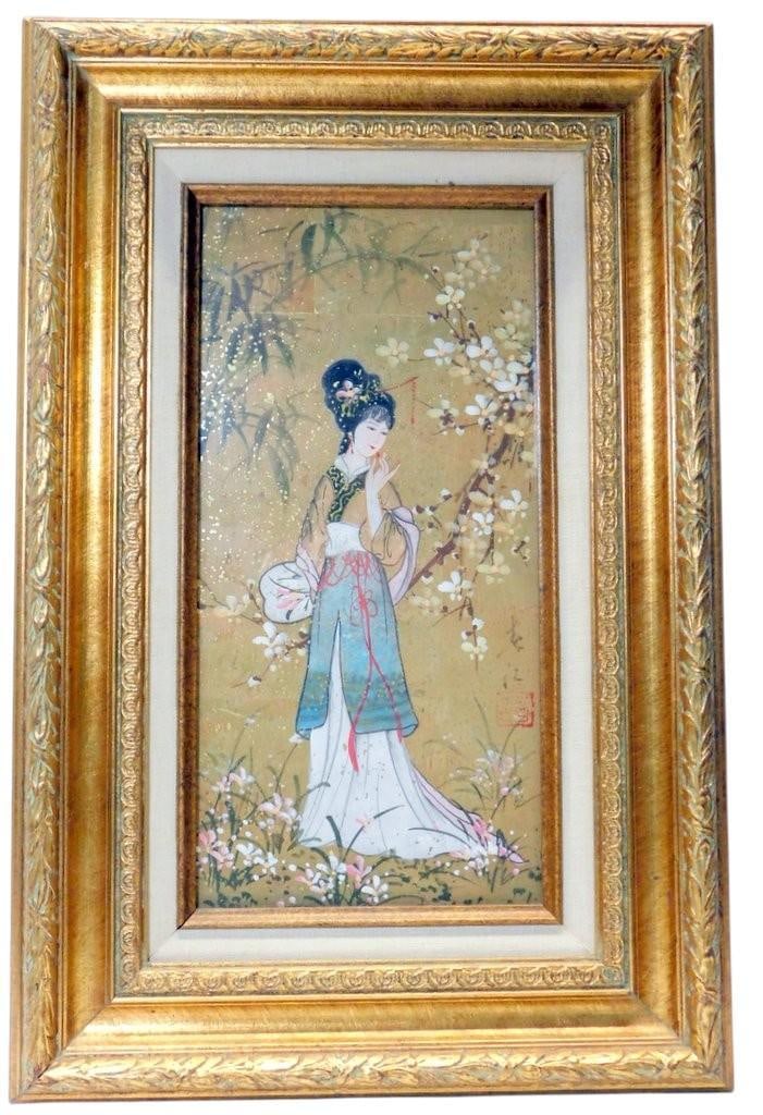 Pair of Framed Oil Paintings on Cork, "Oriental Princess" by Mok - 10