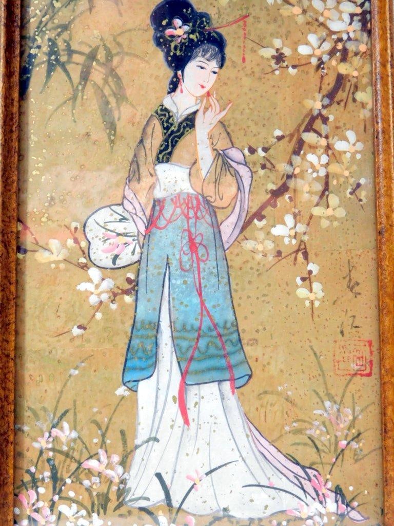 Pair of Framed Oil Paintings on Cork, "Oriental Princess" by Mok - 11