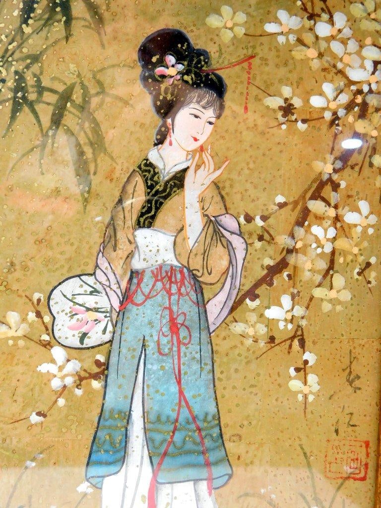Pair of Framed Oil Paintings on Cork, "Oriental Princess" by Mok - 12