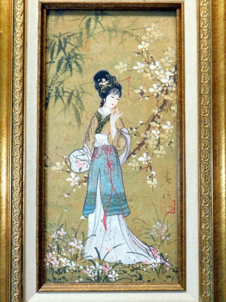 Pair of Framed Oil Paintings on Cork, "Oriental Princess" by Mok - 13