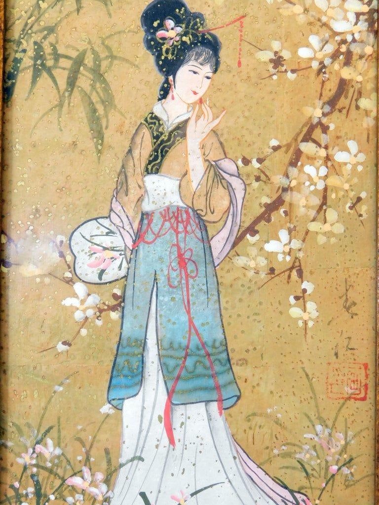 Pair of Framed Oil Paintings on Cork, "Oriental Princess" by Mok - 14