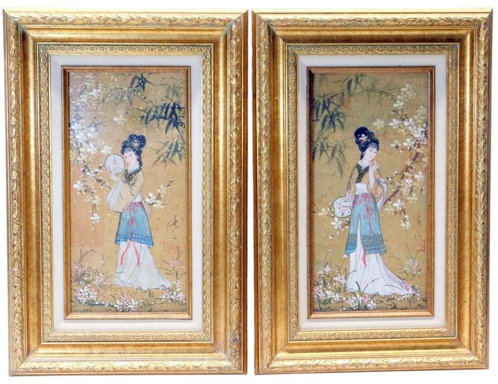 Pair of Framed Oil Paintings on Cork, "Oriental Princess" by Mok: Wonderful looking pieces, possibly by E-Den Mok Oil paintings on cork by Mok, titled Oriental Princess Each painting depicts a traditional-style figure surrounded by floral and foliage elements They