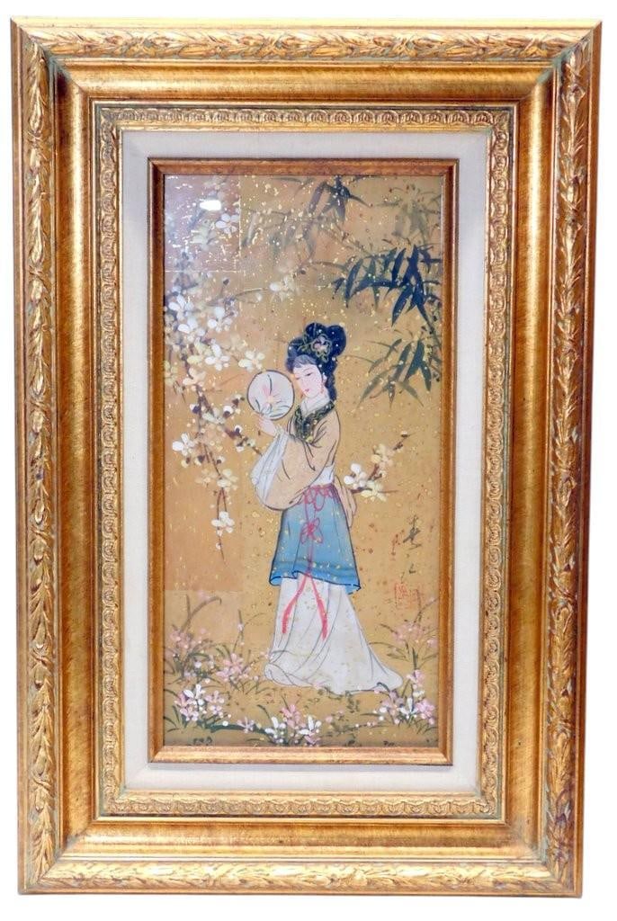 Pair of Framed Oil Paintings on Cork, "Oriental Princess" by Mok - 2
