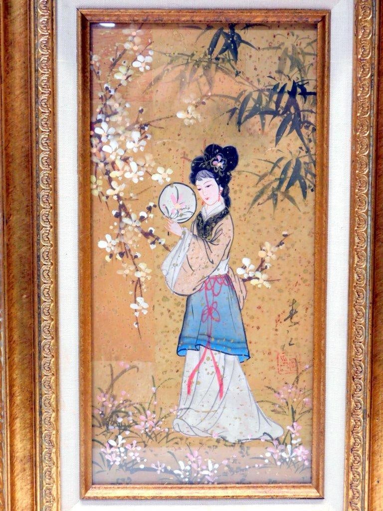Pair of Framed Oil Paintings on Cork, "Oriental Princess" by Mok - 3