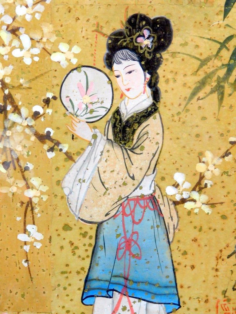 Pair of Framed Oil Paintings on Cork, "Oriental Princess" by Mok - 4