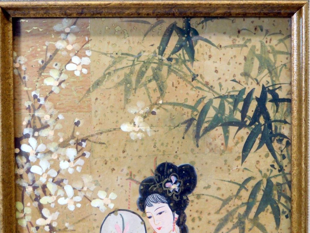 Pair of Framed Oil Paintings on Cork, "Oriental Princess" by Mok - 5