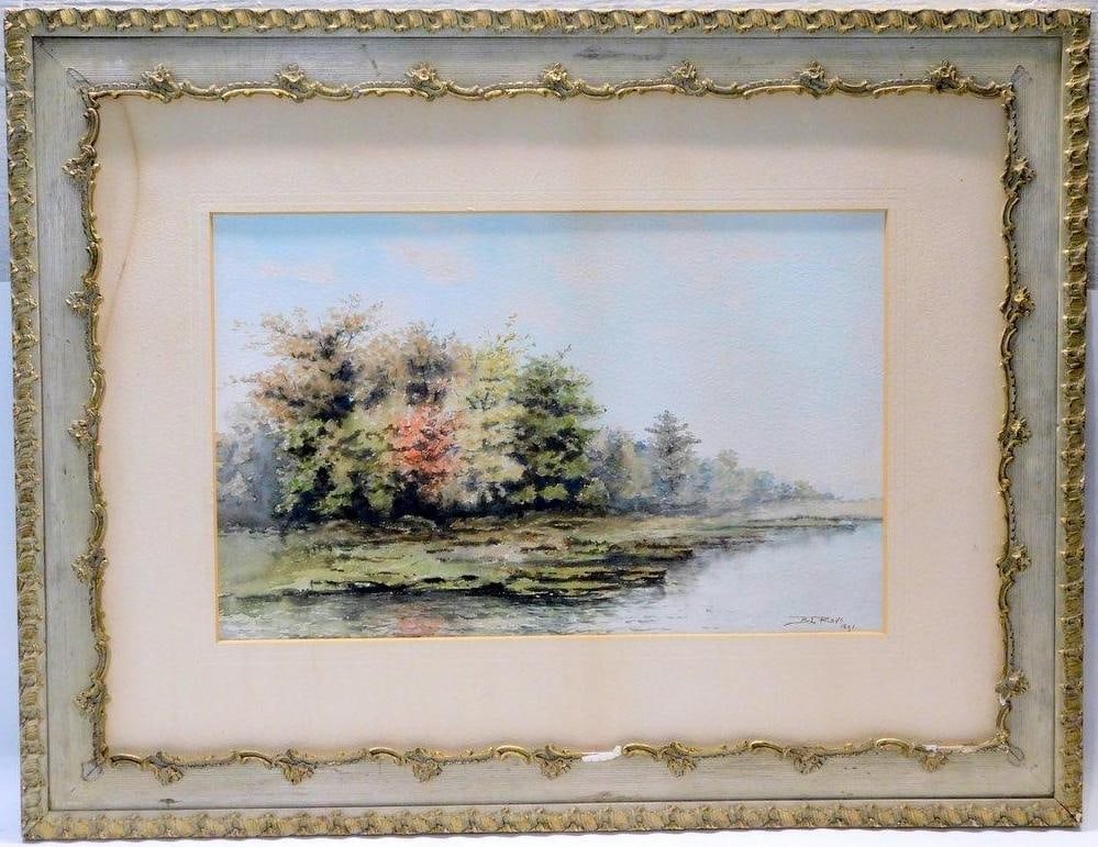 B.L. Roys 1891 Watercolor Landscape Painting, Listed Artist: Watercolor landscape signed B.L. Roys and dated 1891, depicting a serene scene with a river and vibrant trees The painting is set within a decorative gilt and painted wooden frame featuring