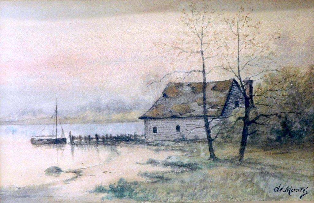 Watercolor by DeMonte Depicting a Lakeside Cabin - 2