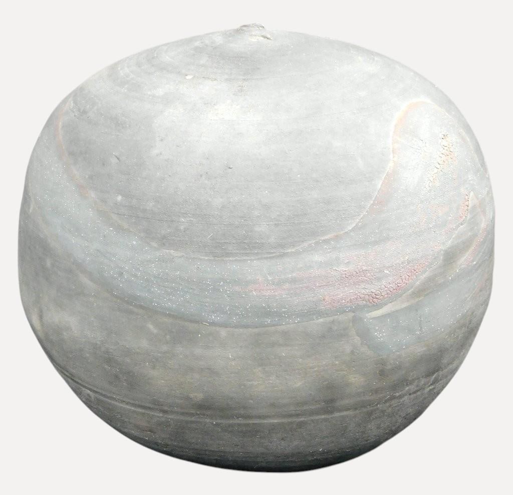 Toshiko Takaezu Closed Form Moon Pot Vessel w/ Rattle: Toshiko Takaezu American listed artist Toshiko Takaezu (b. 1922, Pepeekeo, Hawaii - d. 2011, Honolulu, Hawaii) Muted gray color layered glaze Sought after Takaezu form Desirable rattle Excellent