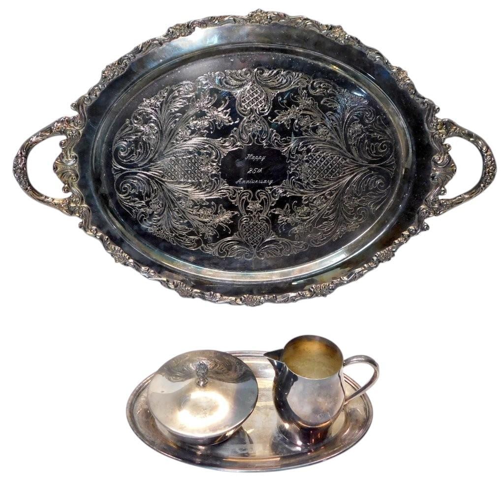 Silver-Plated Tray w/ 25th Anniversary Inscription and Paul Revere Reproduction Set: A silver-plated serving tray marked Taunton, State House, Made in the United States of America, featuring engraved floral details and a Happy 25th Anniversary inscription Accompanied by a small