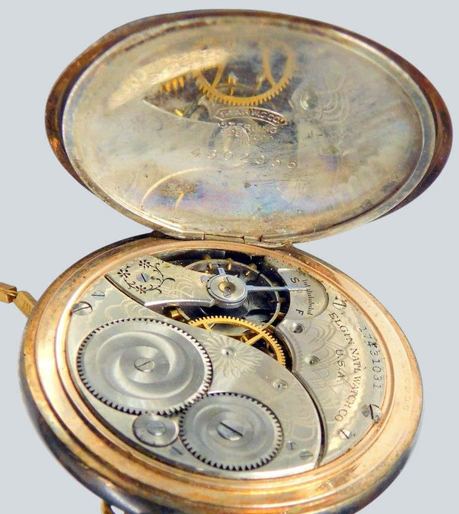 Elgin Sterling Silver Pocket Watch w/ Chain - 6