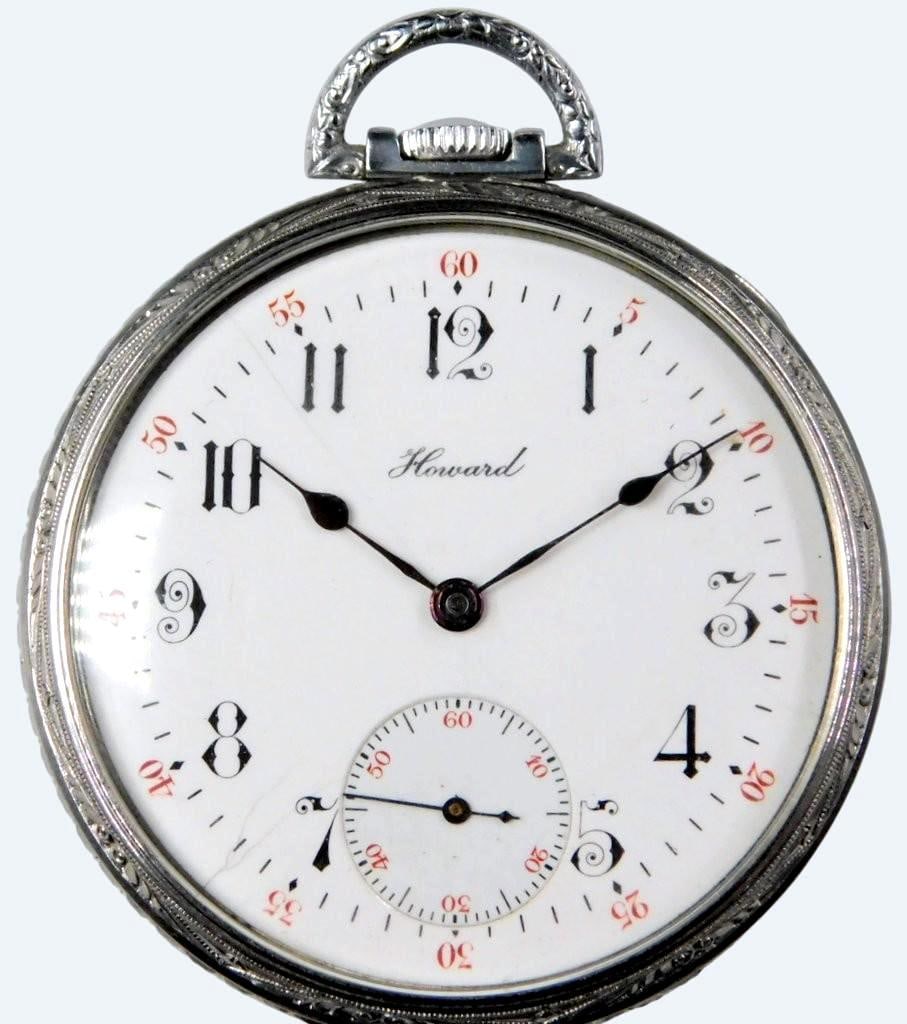 Howard Pocket Watch, 17 Jewel Movement: E. Howard Watch Co. (Keystone) pocket watch Possibly Series 6, Model 1908 Howard pocket watch featuring a white enamel dial with black Arabic numerals and red 5-minute markers The timepiece includes a