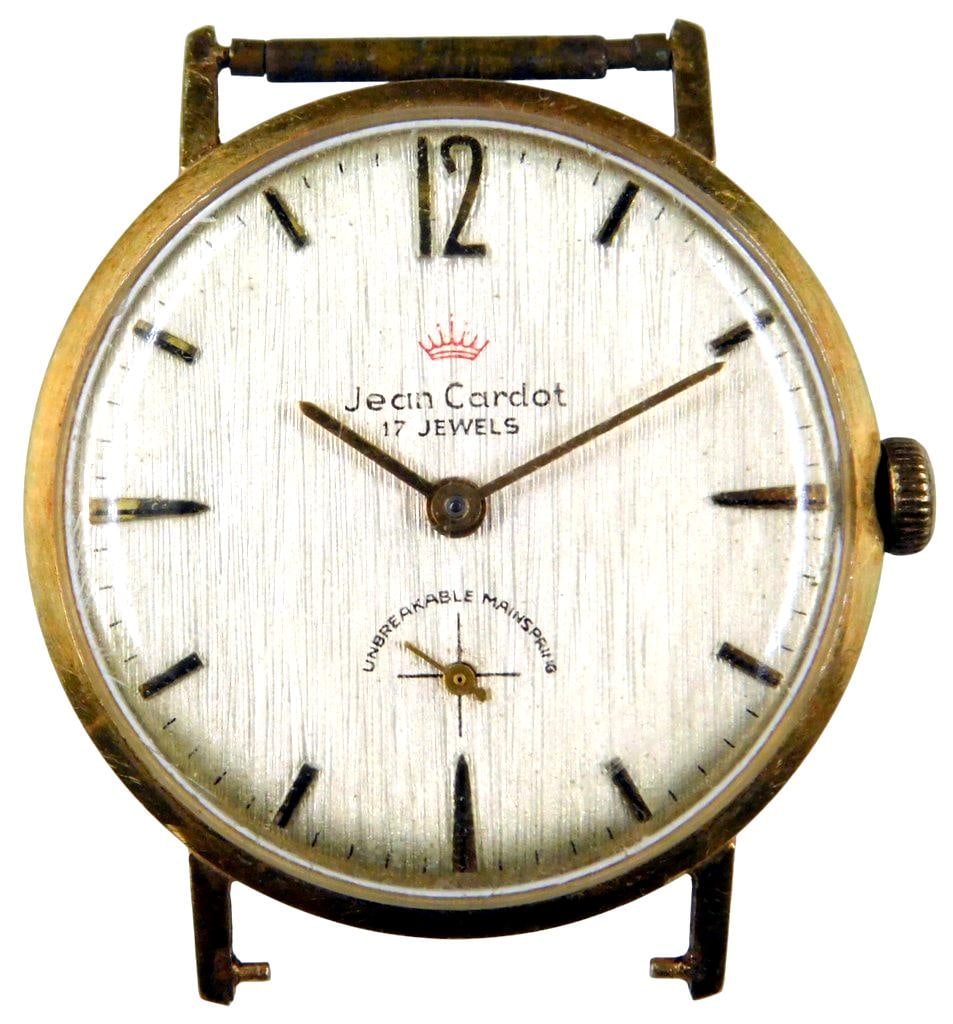 14K Gold Jean Cardot 17 Jewel Men's Vostok Wristwatch: 1970's production Vostok export to USA, Christopol Watch Factory Marked 14K 0.585, also acid tested at 14K Gold Possibly 2603 Caliber Quality estate find with 14K Gold Case Crystal is in good conditio
