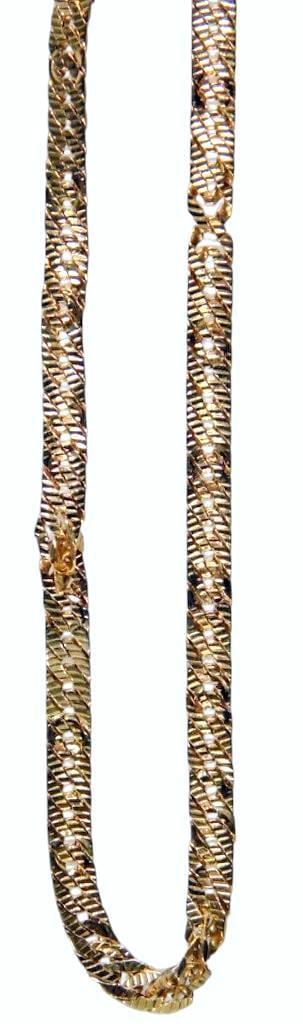 14K Yellow Gold Italian Necklace: Weighs 3.5 grams 17 inches L 14K yellow gold necklace marked 14KT ITALY on the clasp Features a textured, intricate woven design with openwork details Equipped with a spring ring clasp for secure