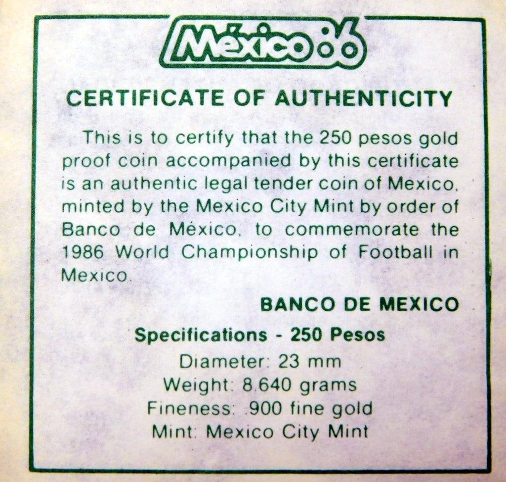 1986 Mexico 250 Pesos Gold Proof Coin in Original Case w/ COA - 3