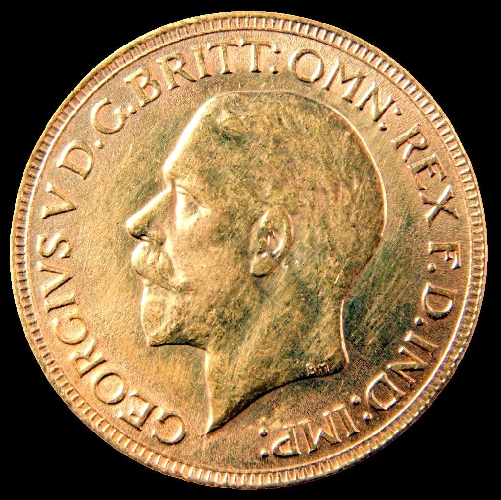 1930 Gold Sovereign Coin George V SA: A 1930 gold half sovereign coin featuring a portrait of King George V on the obverse, surrounded by the inscription GEORGIVS V D.G. BRITT: OMN: REX F.D. IND: IMP: The reverse depicts Saint George