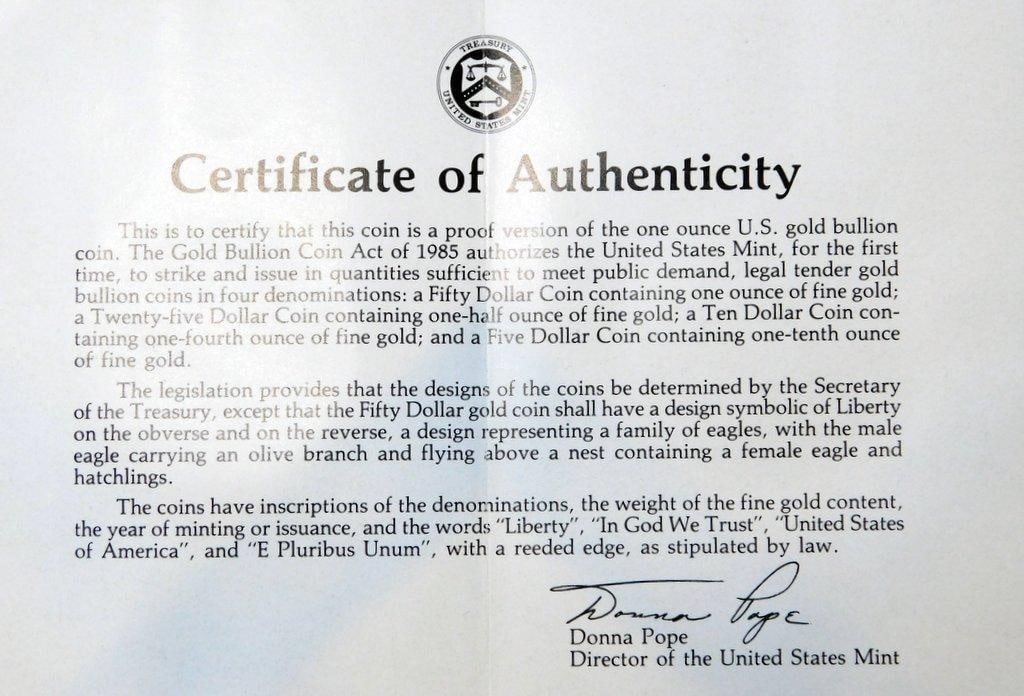 1986 One Ounce Fifty Dollar Gold Bullion Coin - Proof Edition - 6