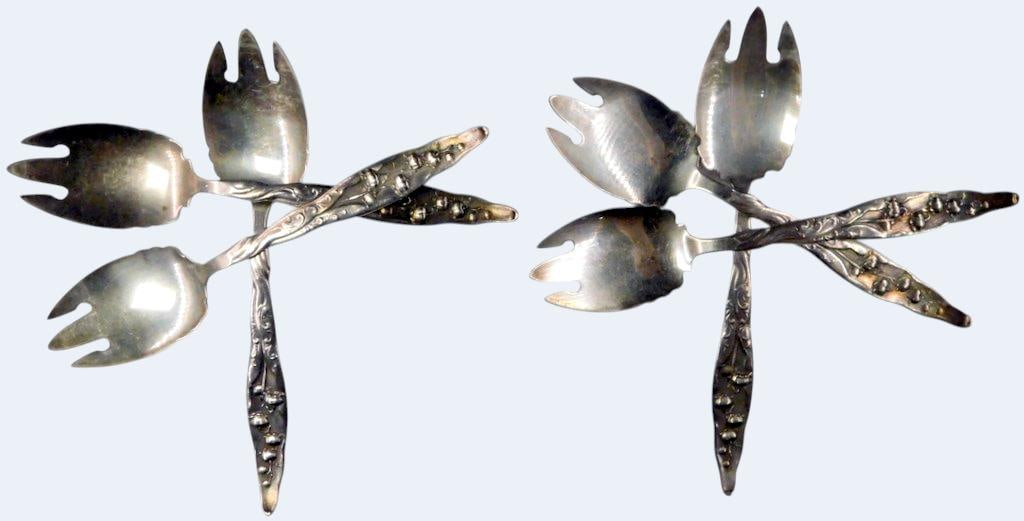 & Gunnell Ice Cream Fork Set, (6): Wonderful estate find Lily of the Valley design to these antique pieces Designed with a combination of forked prongs and a spoon bowl, these pieces merge functionality with decorative appeal All six