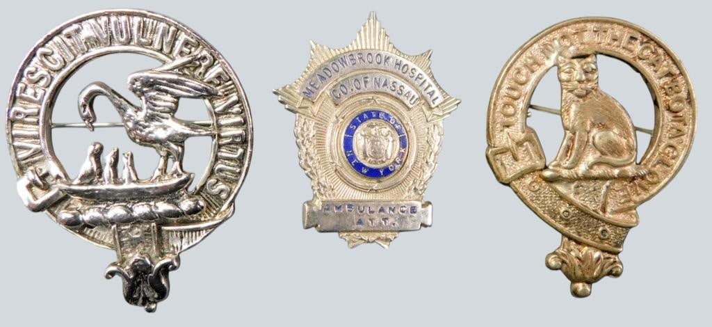 Three Pins: Meadowbrook Hospital Badge, Pelican, and Cat Plaque: Three pins, including a Meadowbrook Hospital, Co. of Nassau ambulance attendant badge made with metal and enamel, marked State of New York; a circular pin depicting a Pelican feeding its chicks