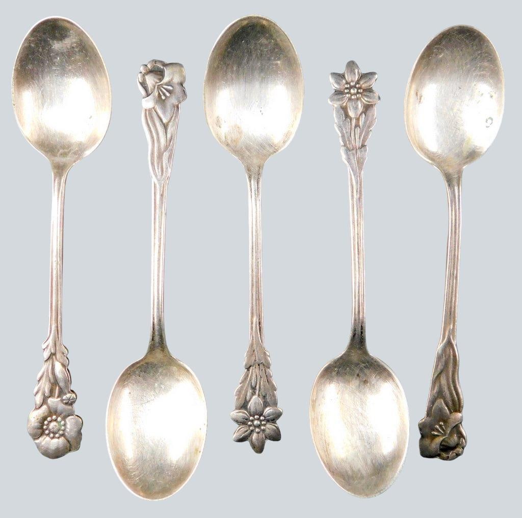 Grouping of Primans ALP Sweden Floral Handle Spoons, (5): Five spoons crafted by Primans ALP, made in Sweden Each spoon features intricate floral designs on the handle that is possibly composed of alpaca metal (nickel silver)...do your homework The spoons