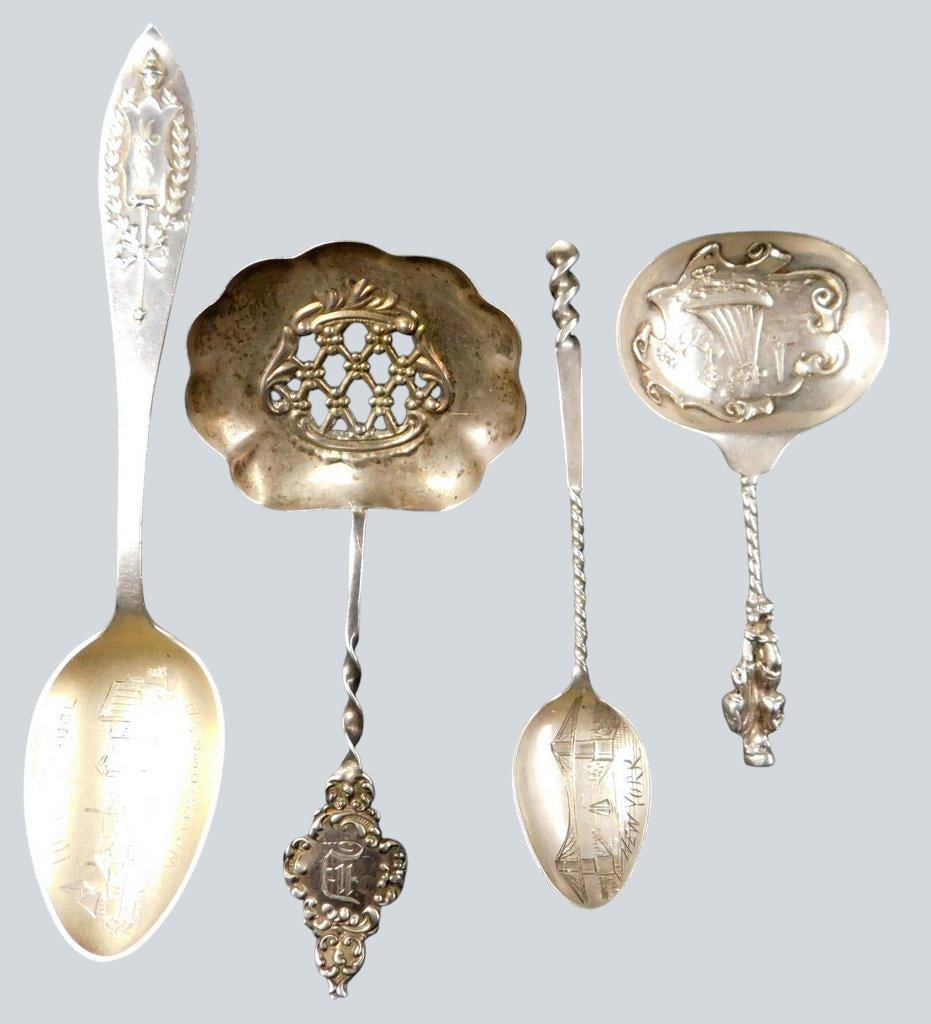 Sterling Silver Souvenir Spoons w/ Various Designs, (4): Four sterling silver souvenir spoons featuring unique designs One spoon depicts High School, Watertown, SD, another showcases an ornate pierced bowl with a twisted handle marked RAPPORT STERLING The
