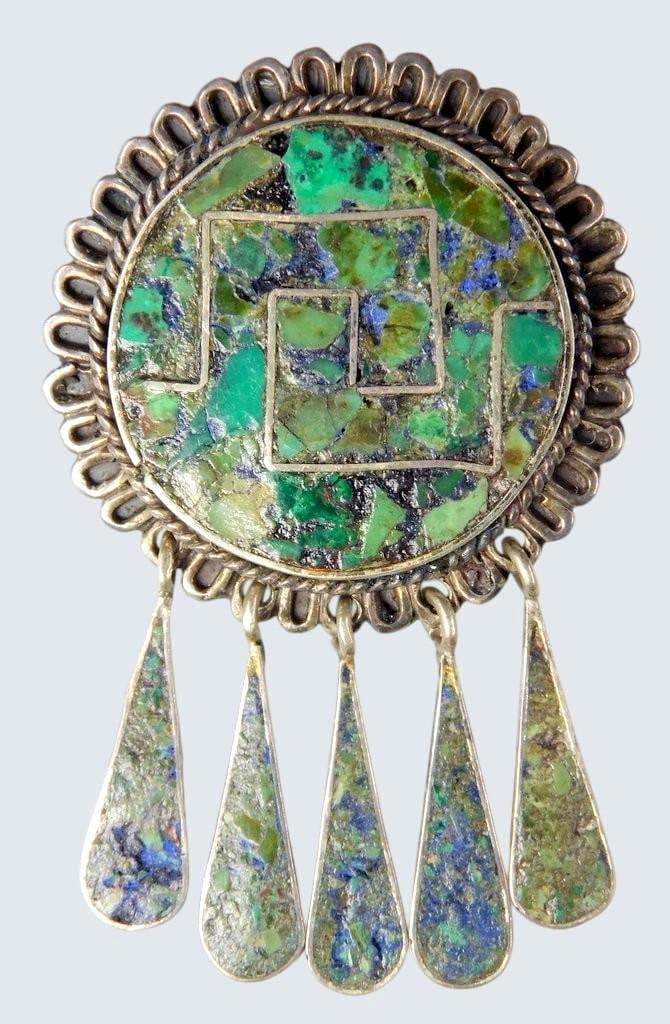 Taxco Sterling Silver Brooch and Earrings Set w/ Turquoise Inlay - 2