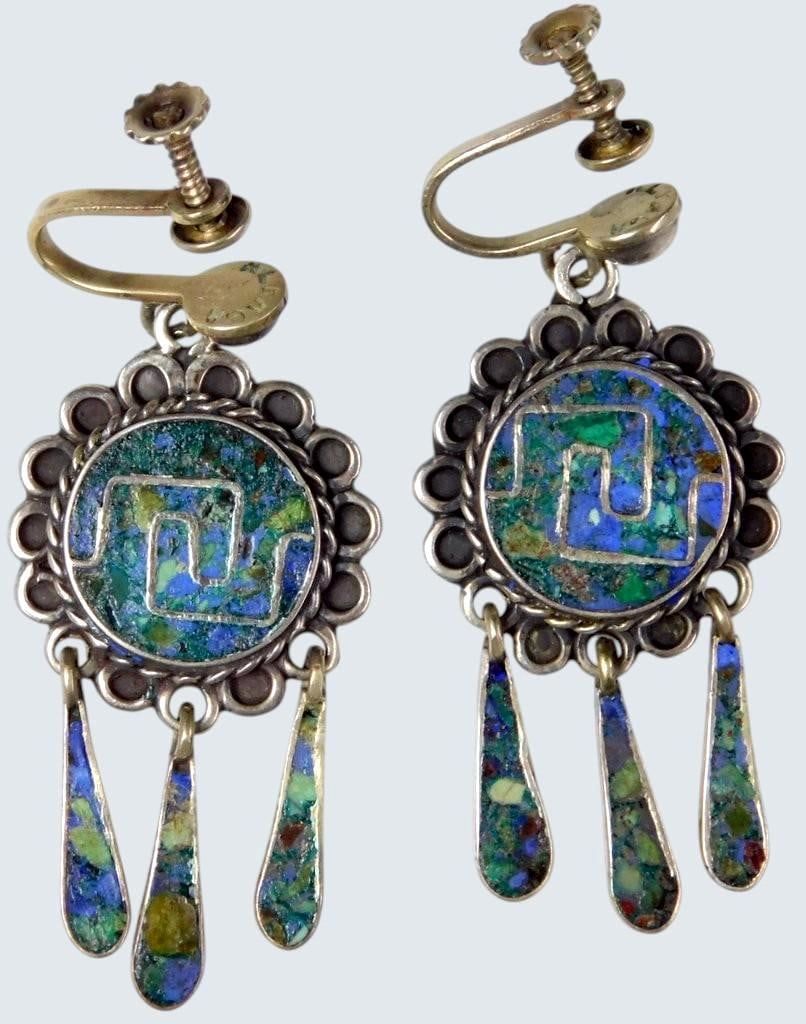 Taxco Sterling Silver Brooch and Earrings Set w/ Turquoise Inlay - 5